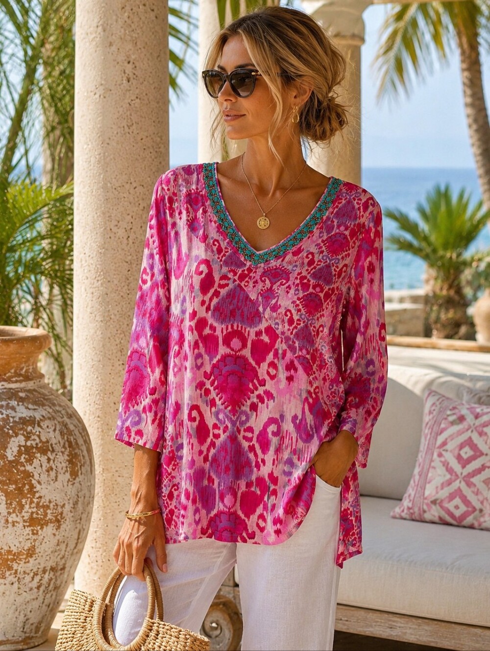 SOFT SURROUNDINGS Tunic Blouse Womens Plus 1X Pink Ikat Embellished Boho Resort